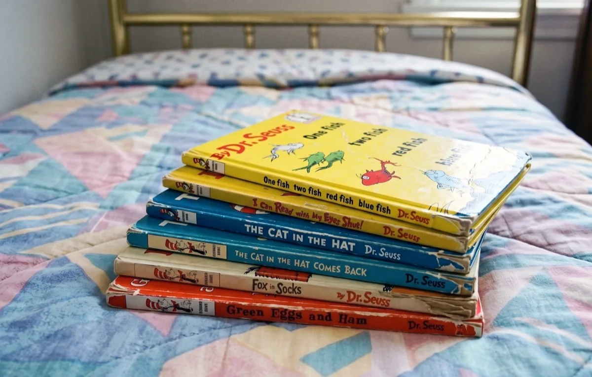 A stack of well-loved Dr. Seuss books on a child's bed