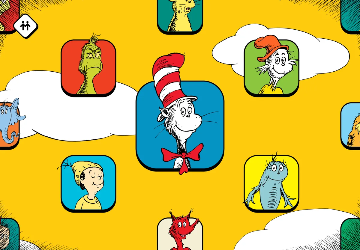 The Cat in the Hat at the center of a menu of Dr. Seuss characters, each in a rounded tile.