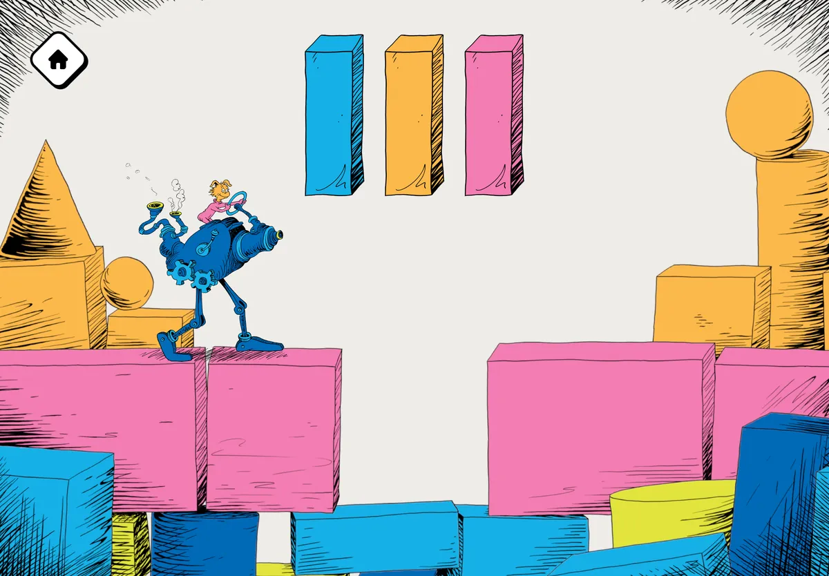 A rider on a blue walking machine crossing a landscape of colored building blocks.