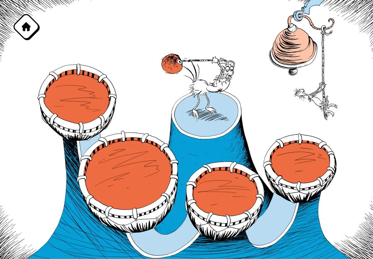 A small bird with a mallet standing among a cluster of orange drums.