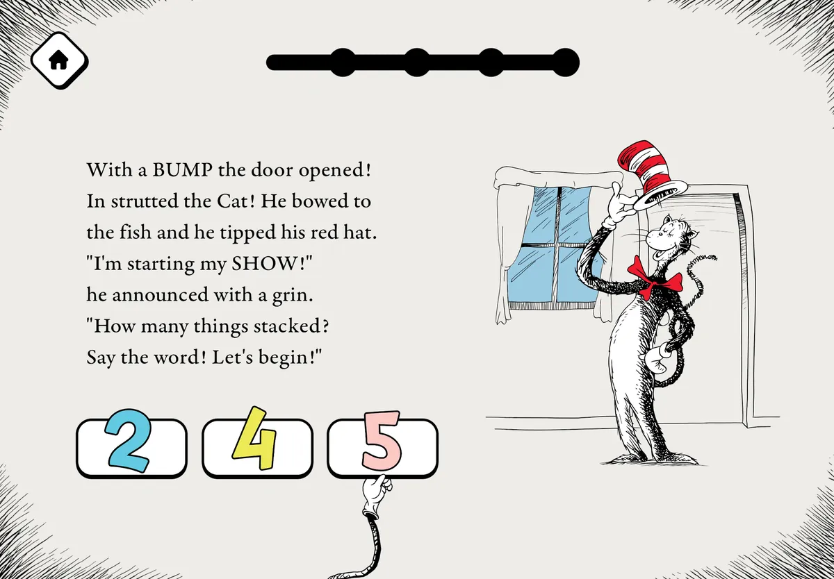 A page of rhyming story text beside the Cat in the Hat, with the numbers 2, 4 and 5 to choose from.