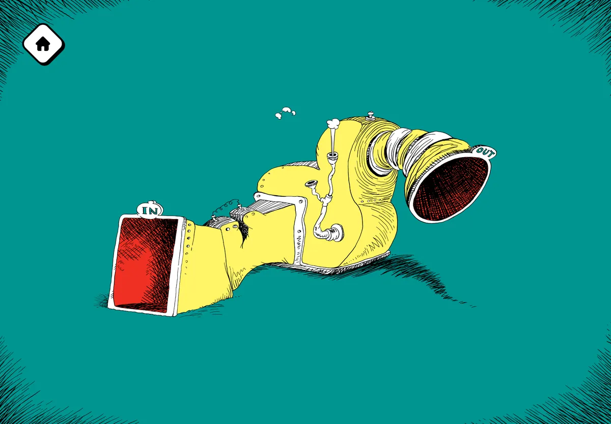 A yellow machine with an In door and an Out funnel on a teal field.