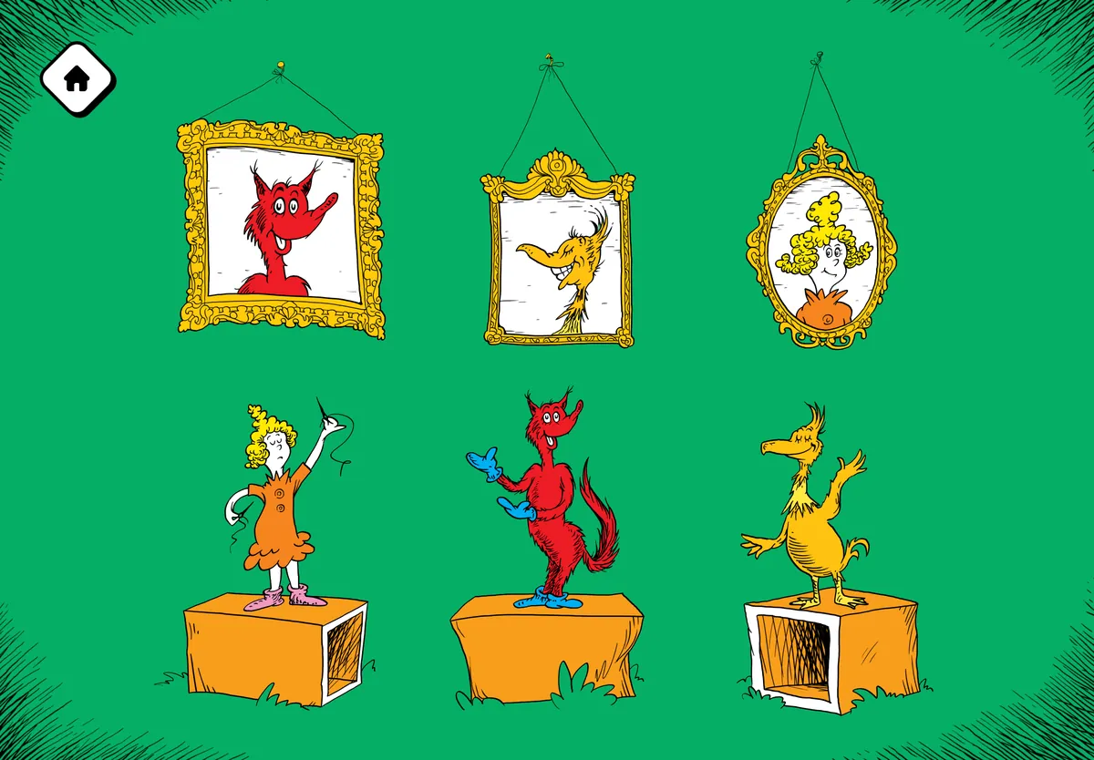 Three framed portraits above three Fox in Socks characters standing on orange boxes.