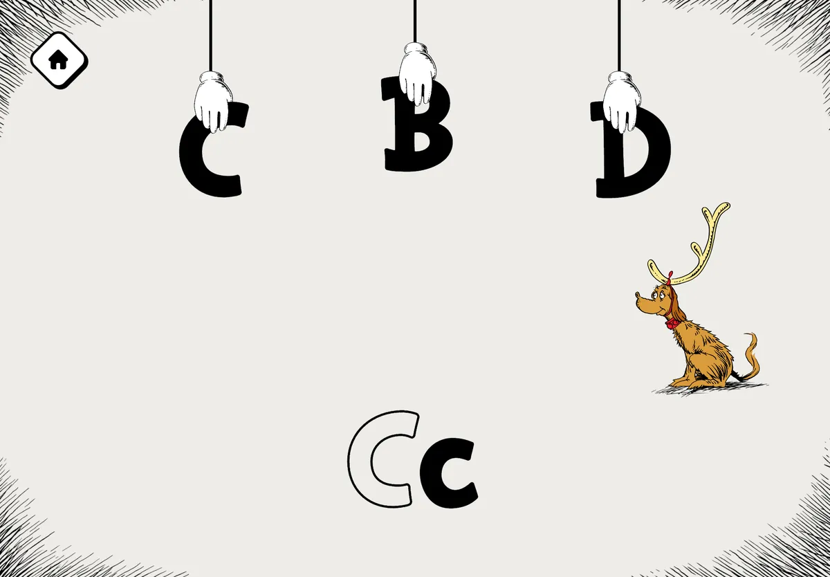 The letters C, B and D hanging from strings above a large letter C, with Max the dog looking on.