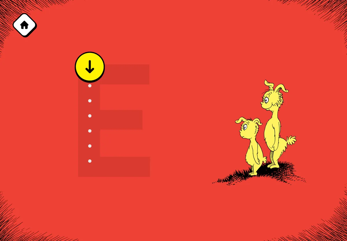 A dotted path for tracing the letter E, watched by two yellow characters.