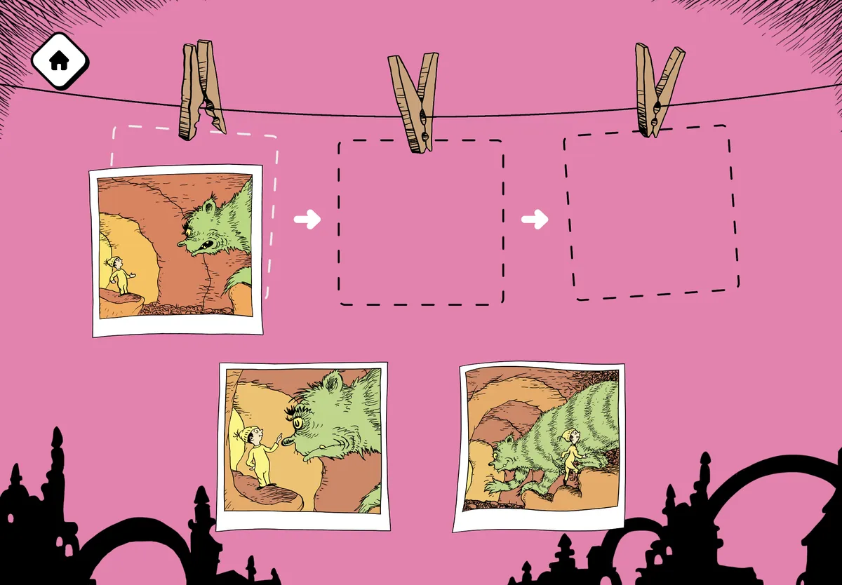 The Grinch story pictures with the first one pegged in place on the clothesline.